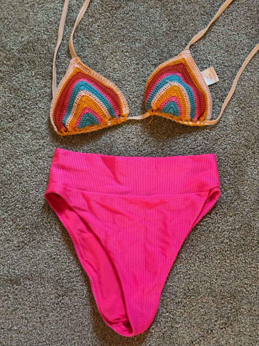 Bright Pink Bikini Bottom with Multicolor Crochet Triangle Top